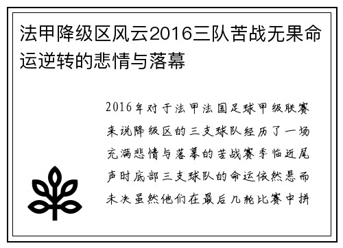 法甲降级区风云2016三队苦战无果命运逆转的悲情与落幕
