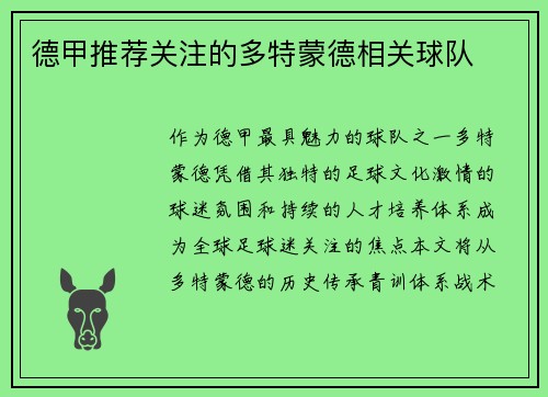 德甲推荐关注的多特蒙德相关球队